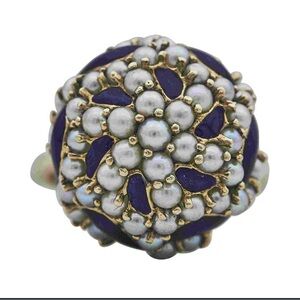 Elegant 18 K Gold and Blue Enamel Pearl Cluster Ring